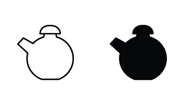 Minimalist teapot line art and solid black silhouette icon set isolated on white background for kitchenware design and culinary interface symbols