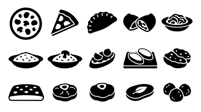 Italian Pizza and Main Course Silhouette Icon Set &ndash; Pizza, Calzone, Risotto, Bruschetta, Osso Buco