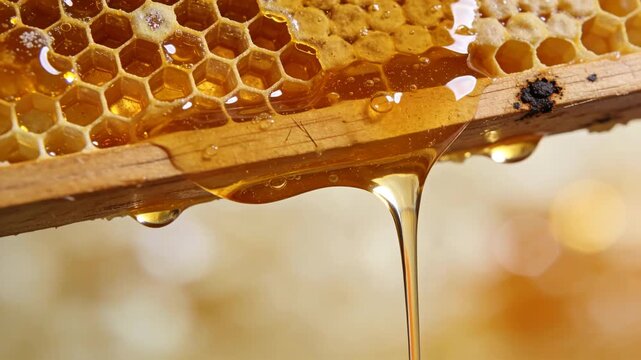 蜂の巣から溢れる黄金の蜂蜜、透過光で重い粘性を描く接写