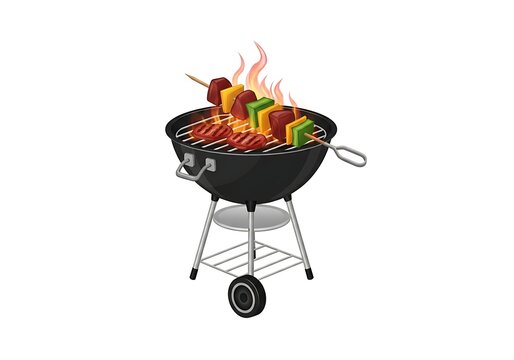 Isolated charcoal kettle grill with burning flames cooking meat skewers and patties, summer outdoor party barbecue