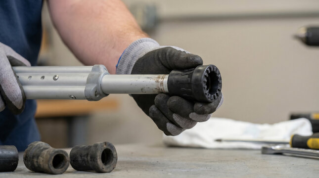 Person replacing rubber tip on metal walking crutch