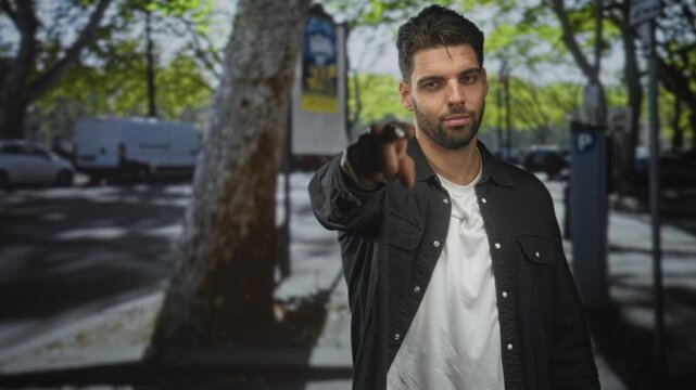 Man with beard pointing finger at camera on tree lined street near parking meter, wearing white shirt and black jacket; confidence challenge.