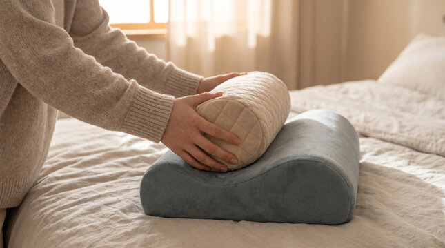 Hands arranging orthopedic memory foam pillows on bed
