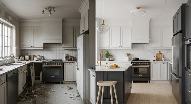 Modern kitchen renovation showcasing a transition from cluttered disorganized space to sleek minimalist design with updated