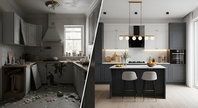 Comparison of an abandoned, damaged kitchen and a modern, renovated kitchen with sleek design and organized layout