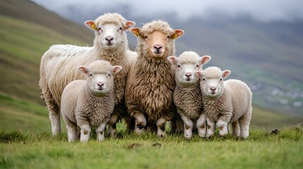 Obraz premium Family of sheep with lambs on grassy hillside.