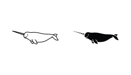 Narwhal marine mammal icon set in outline and solid black style for aquatic wildlife design projects © Echo