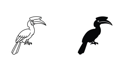 Exotic hornbill bird icon set in outline and solid black style for tropical wildlife and conservation graphic design projects © Echo