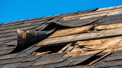 Damaged shingles and exposed rotting wood on an old house roof requiring urgent residential repair. © design goodie