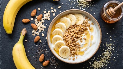 Healthy yogurt bowl topped with sliced bananas and granola on a dark slate background. © design goodie