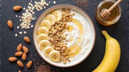 Healthy yogurt bowl with sliced bananas and honey served on a dark slate background. © design goodie