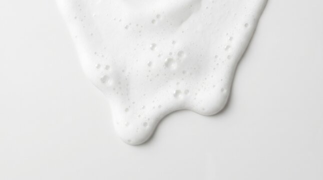 Airy white soapy foam texture drips against a clean background representing skin care purity.