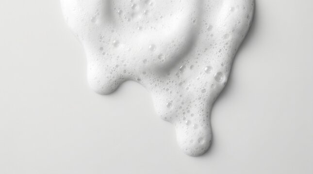White cleansing foam with bubbles dripping on a light background for skincare product texture.