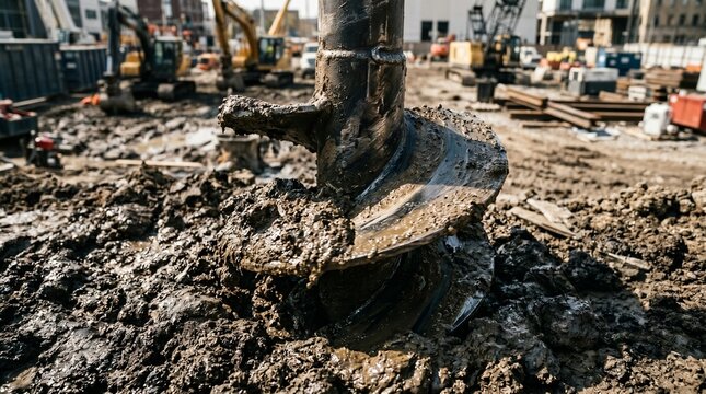 A heavy-duty spiral auger drill works through muddy soil on a large-scale urban construction project