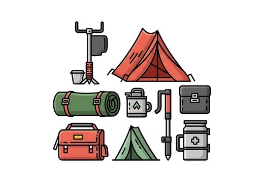 Set of camping equipment icons with tents, backpacks, trekking poles, and mess kits in a stylized pixel art illustration