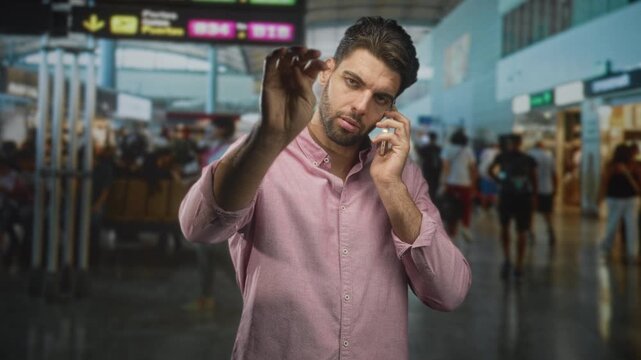 Man holding smartphone to ear with hand palm out stop gesture at airport terminal crowd; stress urgency.