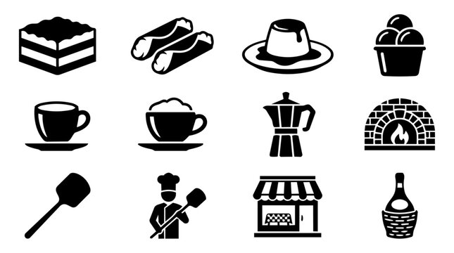 Italian Desserts and Caf&eacute; Silhouette Icon Set &ndash; Tiramisu, Cannoli, Gelato, Espresso, Pizzeria