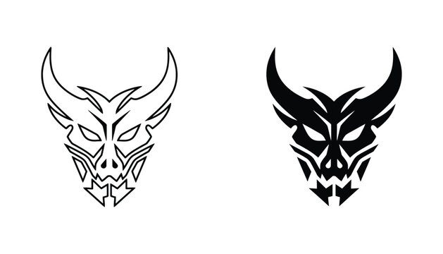 Demon or devil horn head icon set in outline and solid black tribal style for fantasy gaming and dark art graphic design projects