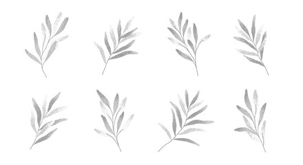 Fototapeta premium Refined foliage in subtle pointillism stipple effect.Transparent olive branches and leaves with gentle fade.Minimal botanical floral elements for prints,wedding invitations,branding,packaging,patterns