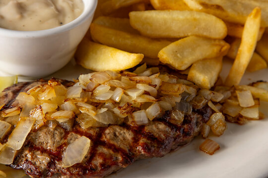  Close-up of meat and french fries