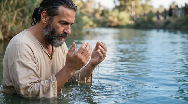 Naaman at river . Man performing a religious ritual in a river. Biblical scene of spiritual cleansing and devotion. Copy space