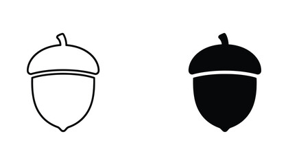 Acorn icon set featuring oak seed nut in outline and solid black silhouette for autumn and nature themed graphic design projects © Maya