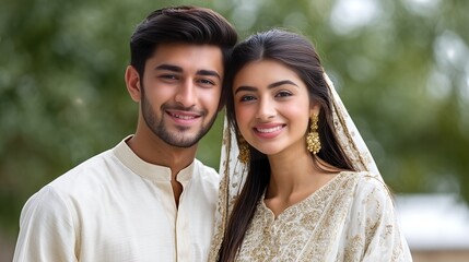 Fototapeta premium Pakistani Wedding Couple Poses Together Outdoors in Traditional Attire