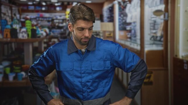 Man in blue work overalls gestures with hand inside a busy hardware store building; contemplative duty.