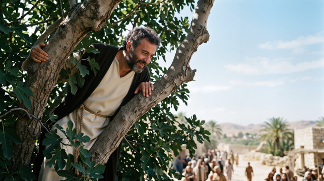 Bearded man in ancient biblical attire looking down from a tree at a crowd. Zacchaeus climbing a sycamore tree in Middle Eastern village. Christian religion and faith narrative