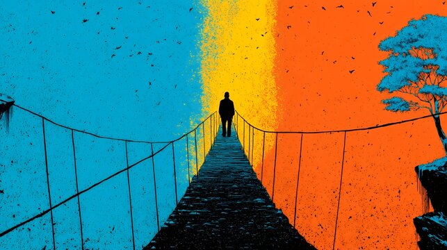 silhouette of person walking on urban suspension bridge at golden hour with vibrant graffiti backdrop