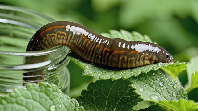Closeup of a medicinal leech on a green leaf with water droplets.