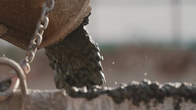 Pouring concrete from bucket onto formwork edge during construction close up