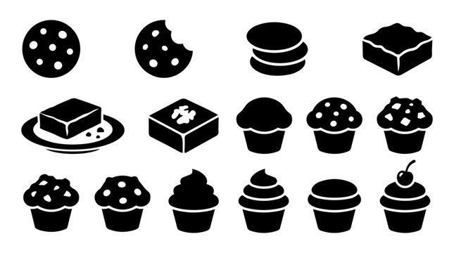 Bakery Desserts Silhouette Icon Set &ndash; Cookies, Brownies, Muffins and Cupcakes