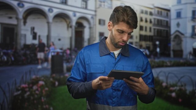 Man with beard in blue reflective work overalls holding tablet and tapping screen while checking data on street; duty responsibility.