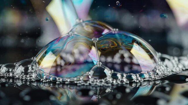 Closeup Macro Shot of Iridescent Soap Bubbles Floating on Water Surface.