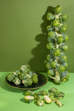 Raw brussel sprouts on green