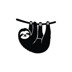 Fototapeta premium A black silhouette of a sloth hanging from a branch on a white background.