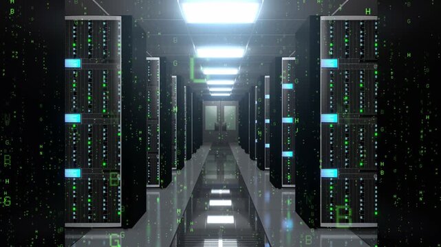 Data Center Server Room with Falling Encryption Matrix Letters Code - 3d 4k animation (3840 x 2160 px)