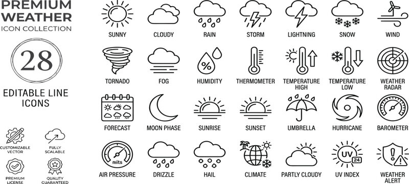 Diverse collection of editable line icons showcasing various food and drink items, perfect for menus, delivery apps, restaurant branding, and culinary web design projects