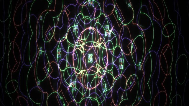 Glowing neon circuit board patterns.