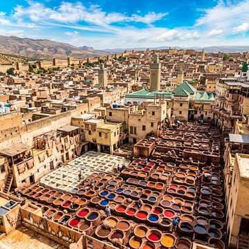 Fes Morocco Tanneries Aerial View Colorful Dye Vats Ancient Cityscape.