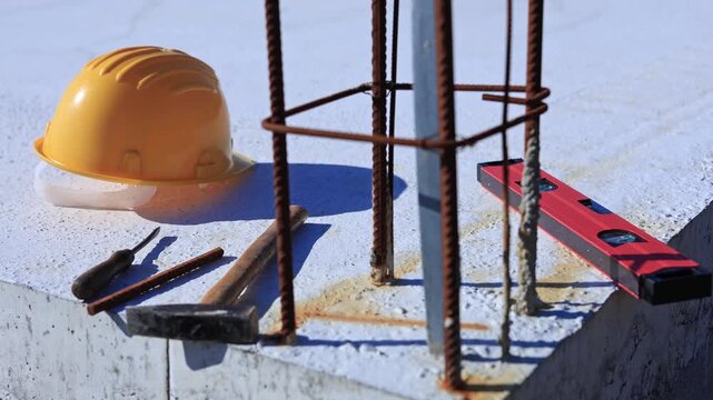 Construction tools and helmet on a cement foundation with iron rebar.