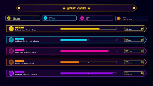 A dynamic player data overlay animates various luminescent quest progress bars and currency counters within a sophisticated virtual interface for digital gaming