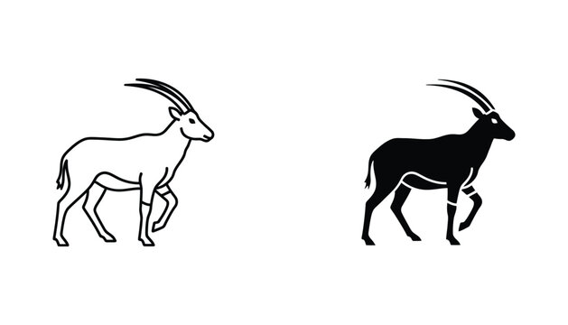 Oryx antelope walking outline and solid black silhouette representing wildlife and safari adventure isolated vector
