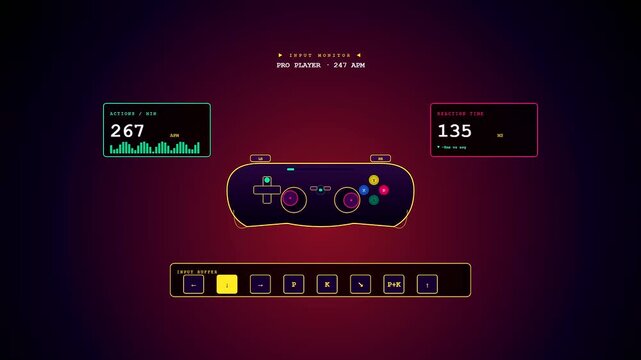 This dynamic Player Data Overlay showcases evolving e-sports performance analytics featuring rapid input monitoring and precise reaction timing within a stylized neon cyberpunk digital interface