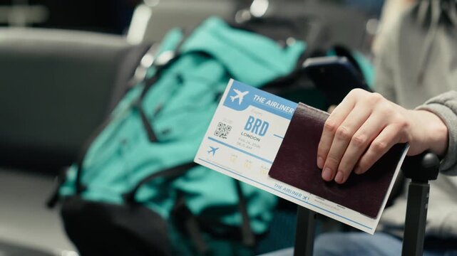 Close up of travel documents and phone used by man in crowded airport during international holidays season. Tourists holding passport and boarding plane ticket, going home, camera A