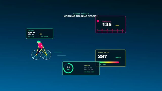 A sophisticated player data overlay monitors a digital athlete during a rigorous cycling workout showcasing dynamic telemetry metrics including power output and cardiac frequency