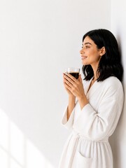 Fototapeta premium Young Woman Enjoying Morning Coffee in White Bathrobe