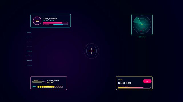 A sophisticated neon Player Data Overlay displaying real time gaming statistics and holographic tactical interfaces within a dark futuristic cyberpunk virtual reality combat simulation environment