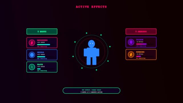 A sophisticated Player Data Overlay animates fluidly within a dark cyberspace environment showcasing neon status effects and real time character attribute modifications for immersive gaming